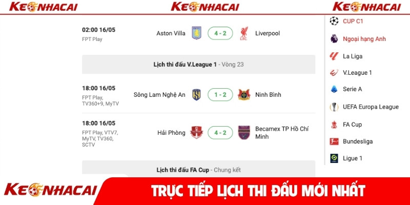 Trực tiếp lịch thi đấu mới nhất
